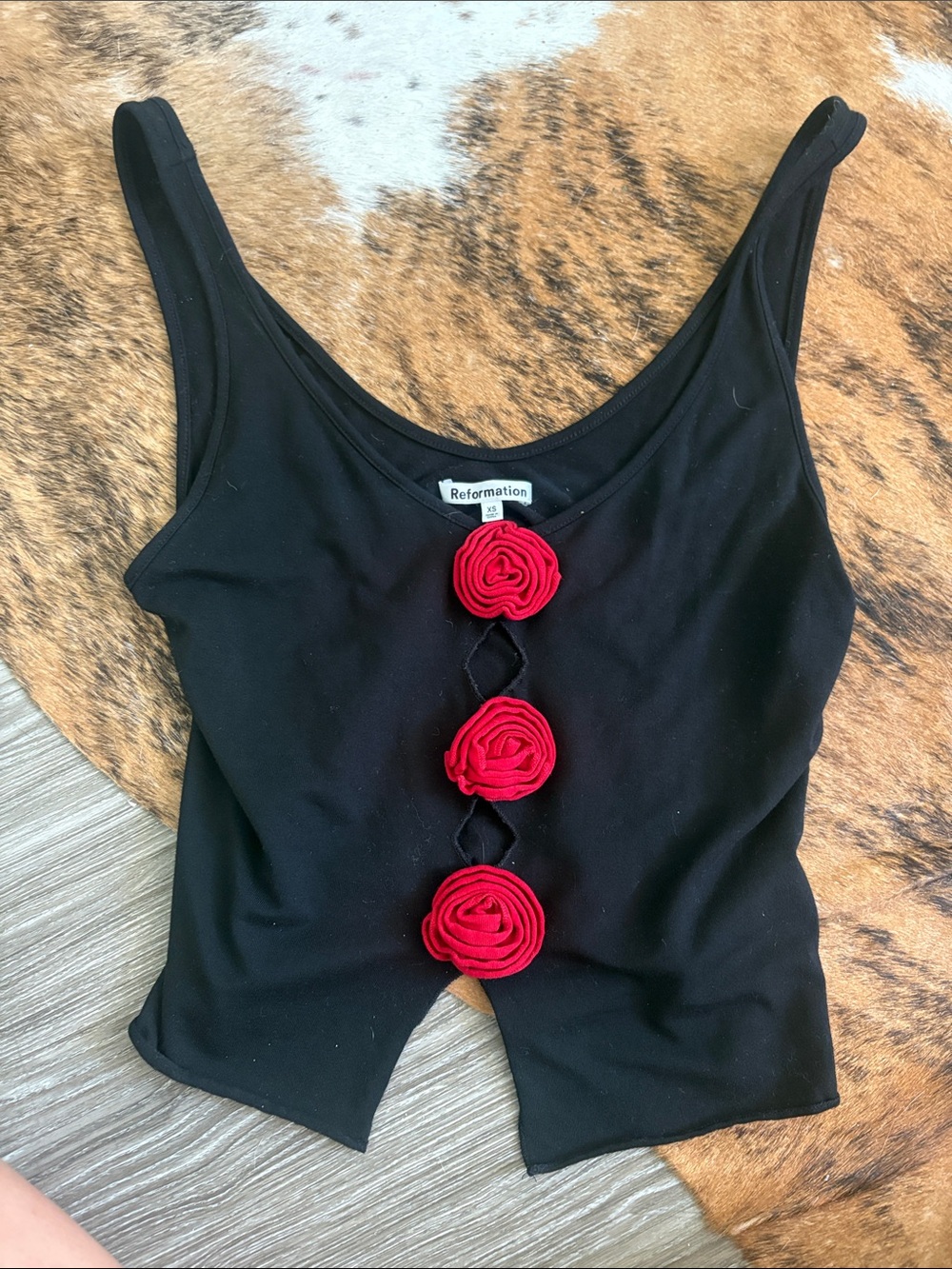 Reformation Black Camisole with Red Rosette Accents